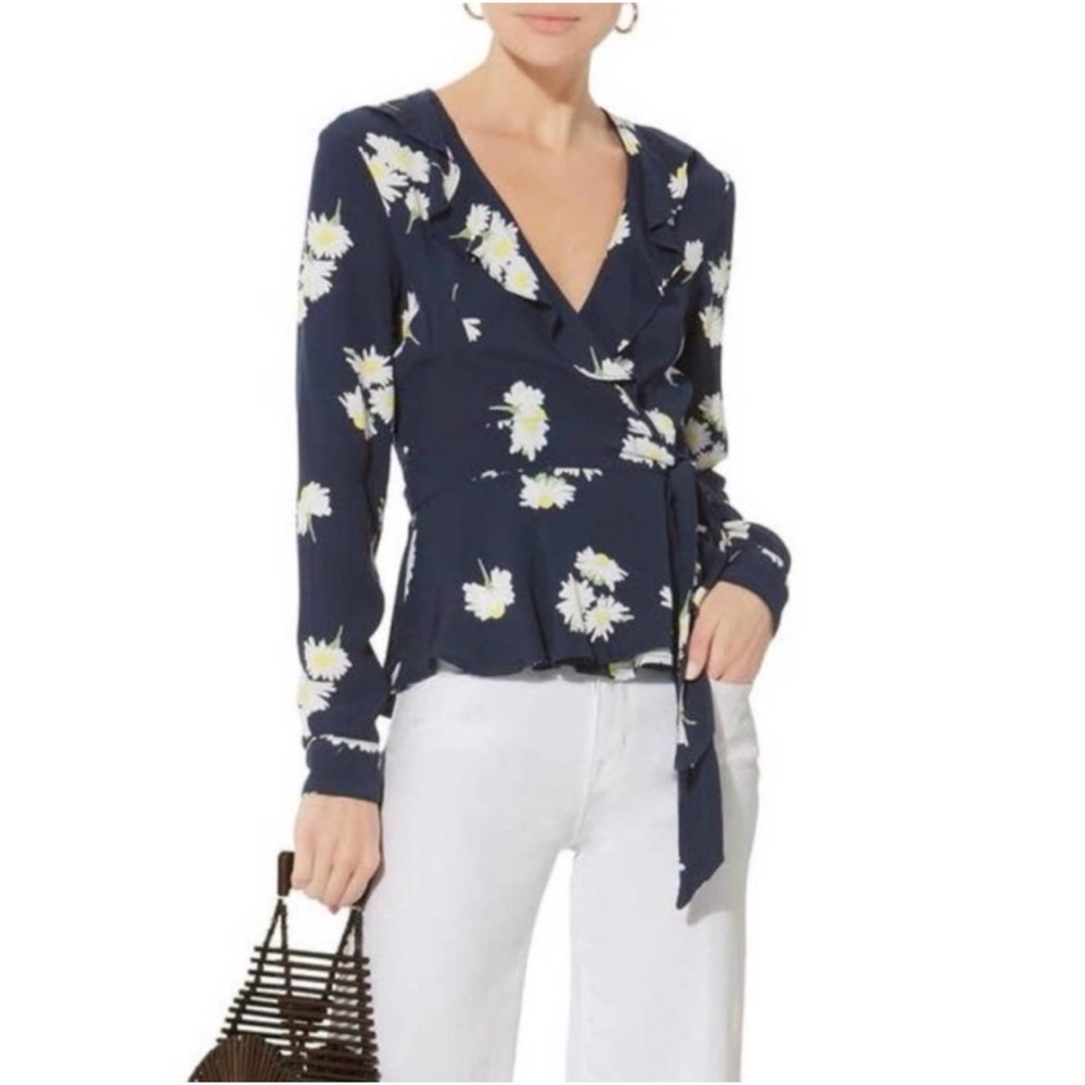 Ganni Total Silvery Crepe Eclipse Blue Daisy Crepe Wrap Top Blouse Sz EU 34 US 2